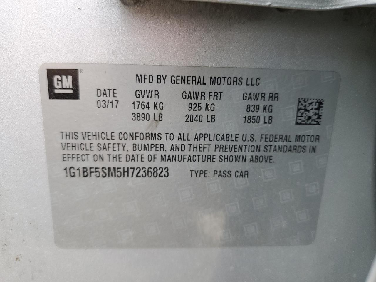 1G1BF5SM5H7236823 CHEVROLET CRUZE 2017