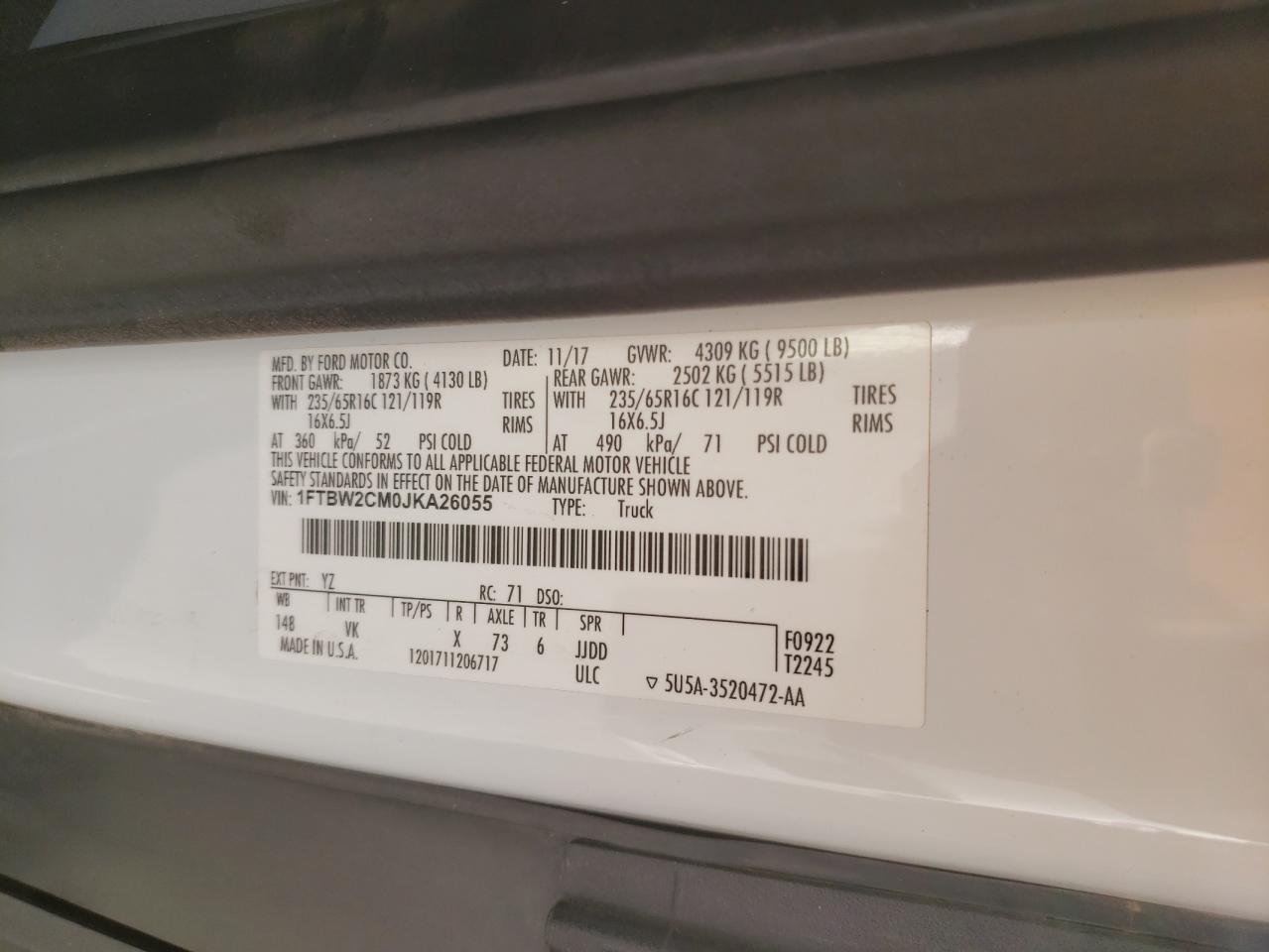 1FTBW2CM0JKA26055 FORD TRANSIT 2018