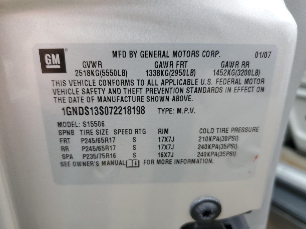 1GNDS13S072218198 2007 Chevrolet Trailblazer Ls