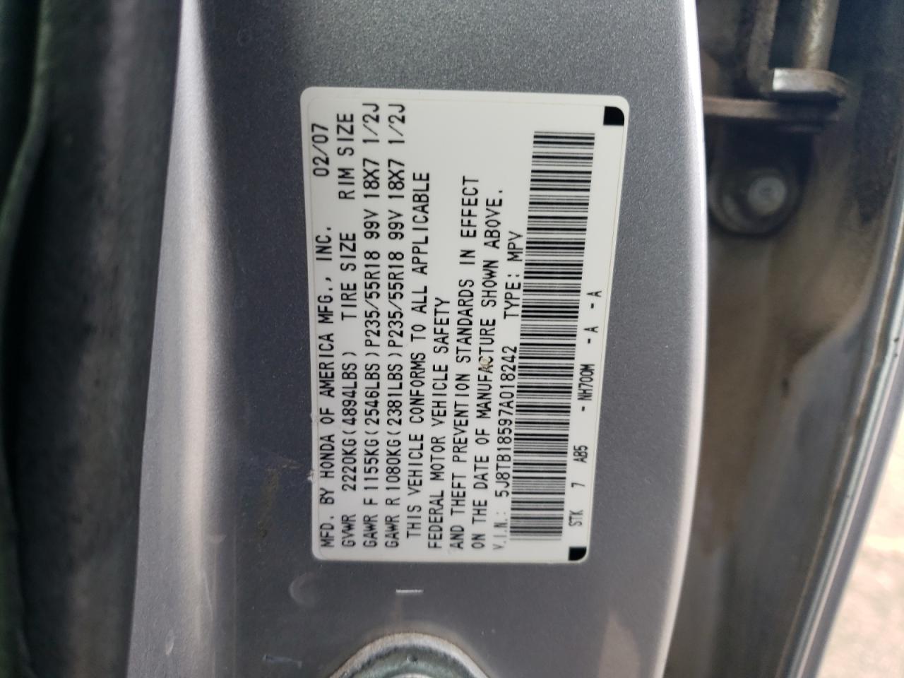 5J8TB18597A018242 2007 Acura Rdx Technology