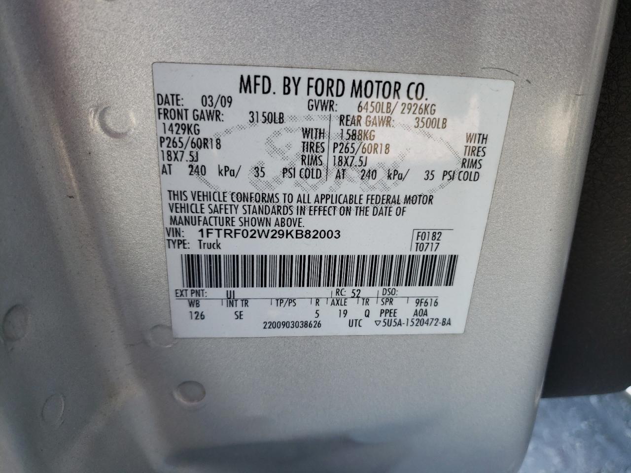 1FTRF02W29KB82003 2009 Ford F150