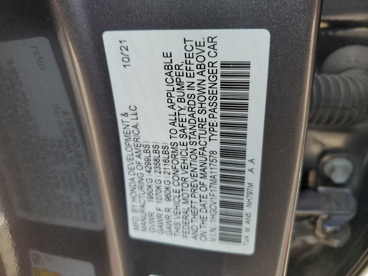 1HGCV1F17MA117578 HONDA ACCORD 2021