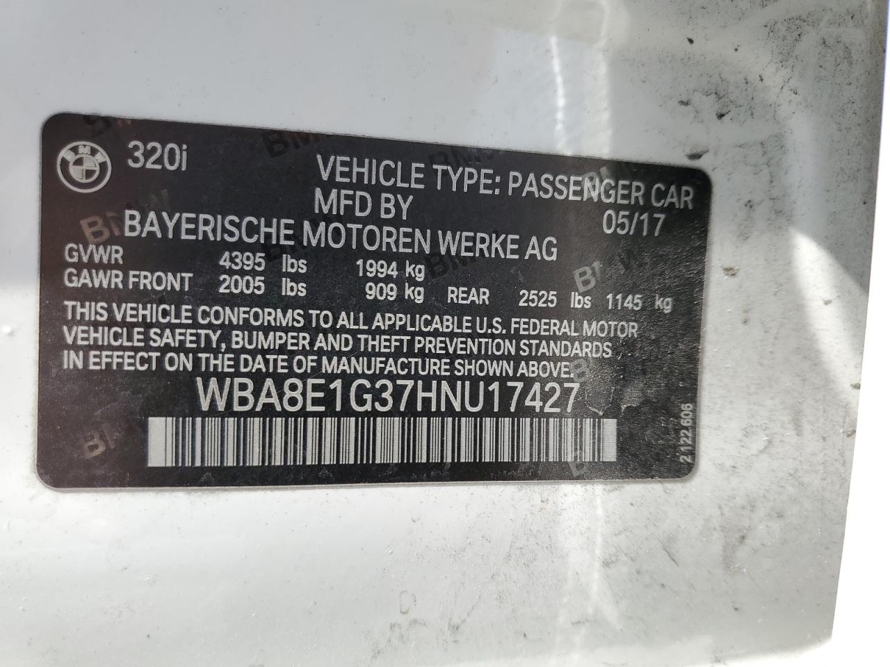 2017 BMW 320 I 2.0L  4(VIN: WBA8E1G37HNU17427