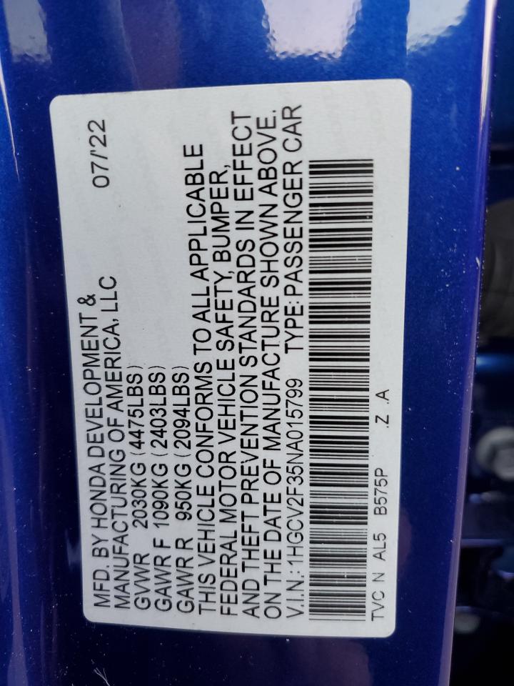 1HGCV2F35NA015799 HONDA ACCORD 2022