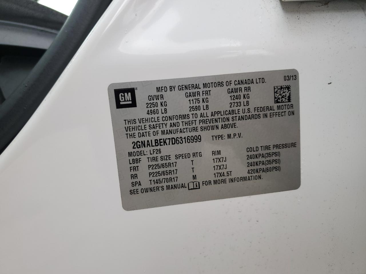 2GNALBEK7D6316999 2013 Chevrolet Equinox Ls