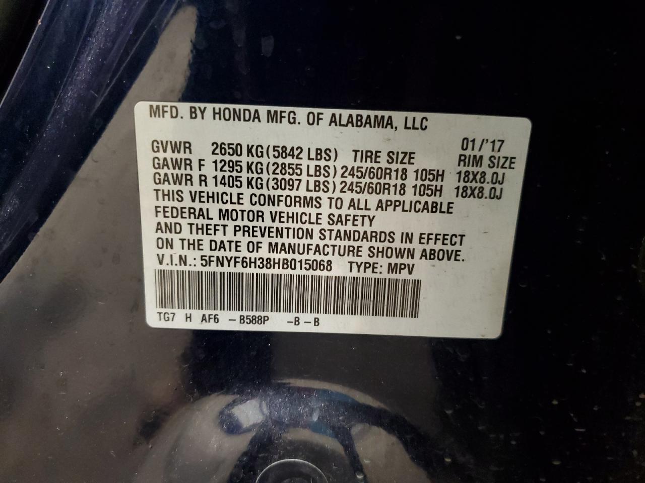 5FNYF6H38HB015068 HONDA PILOT 2017