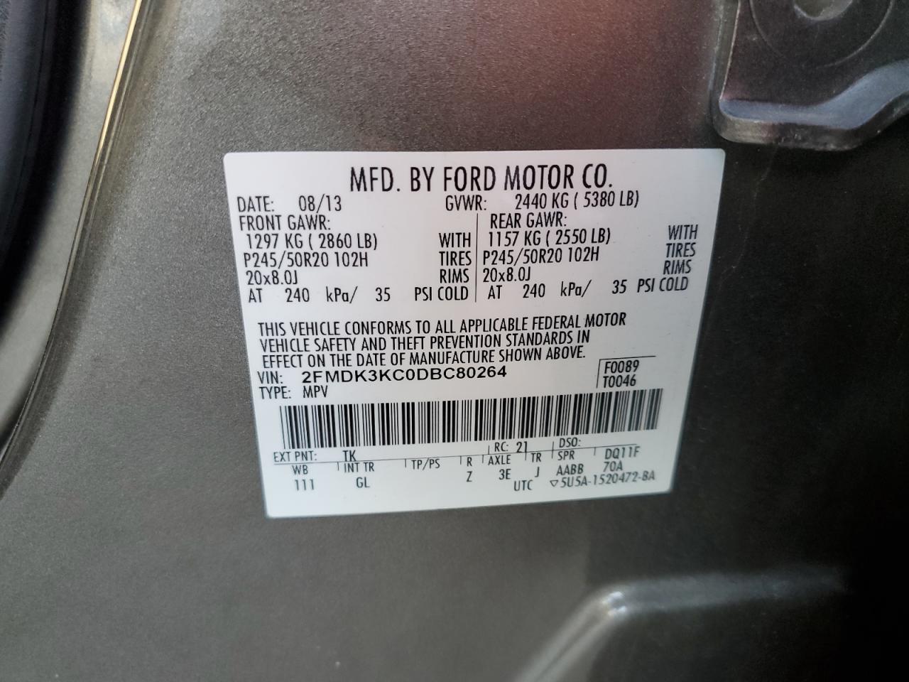 2013 Ford Edge Limited vin: 2FMDK3KC0DBC80264