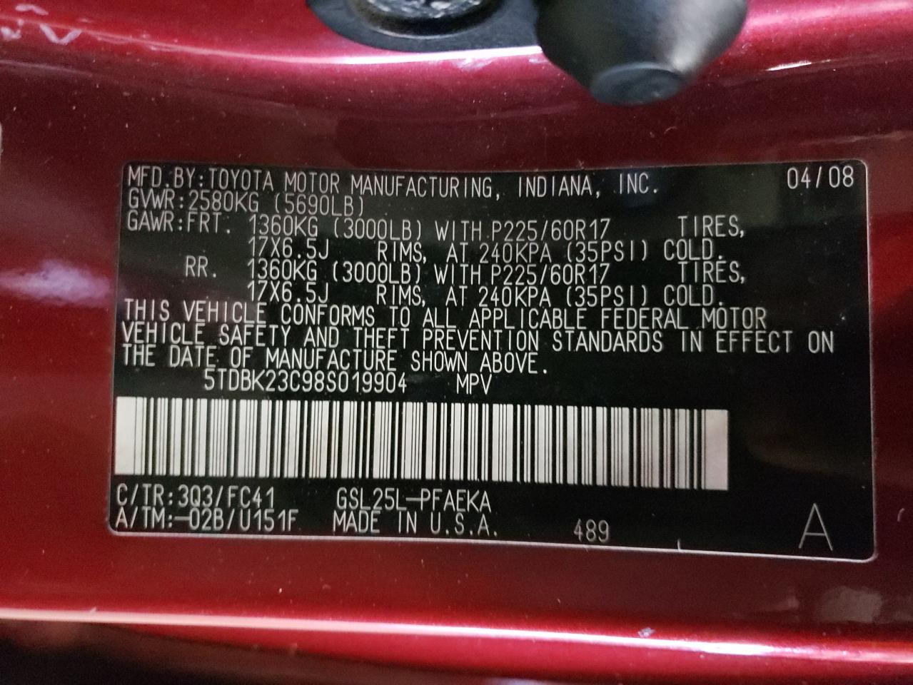 5tdbk23c98s019904 5TDBK23C98S019904 2008 Toyota Sienna Le