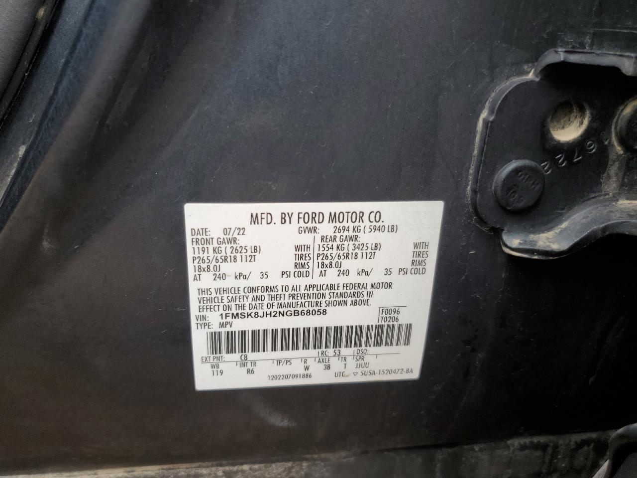 1FMSK8JH2NGB68058 FORD EXPLORER 2022