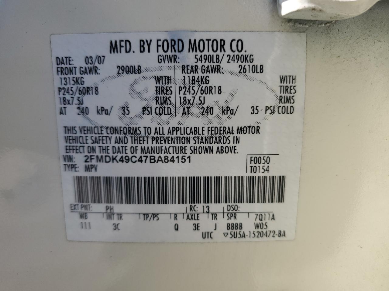 2FMDK49C47BA84151 2007 Ford Edge Sel Plus