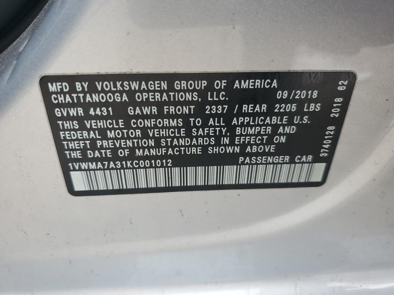 1VWMA7A31KC001012 2019 Volkswagen Passat Se R-Line