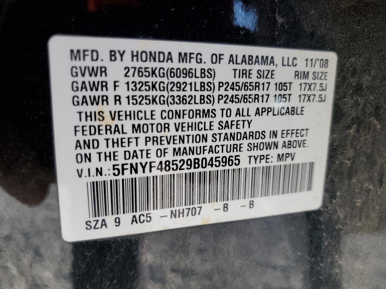 5FNYF48529B045965 2009 Honda Pilot Exl