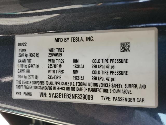 2022 TESLA MODEL 3 - 5YJ3E1EB2NF339009