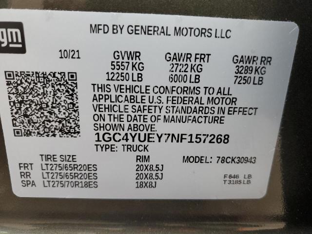 1GC4YUEY7NF157268 | 2022 CHEVROLET SILVERADO