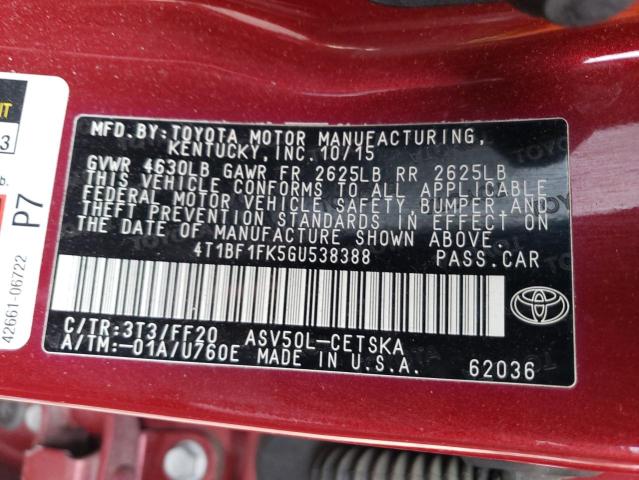 4T1BF1FK5GU538388 | 2016 TOYOTA CAMRY LE