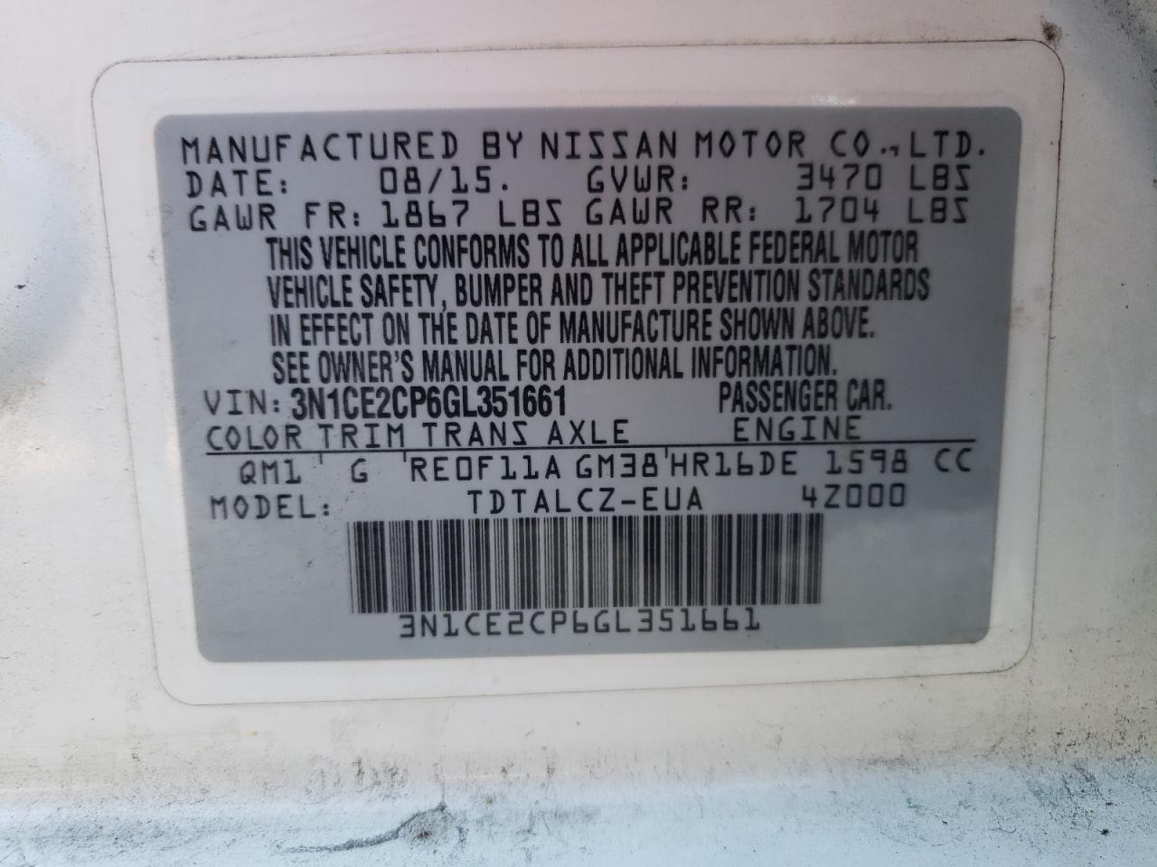 3N1CE2CP6GL351661 NISSAN VERSA 2016