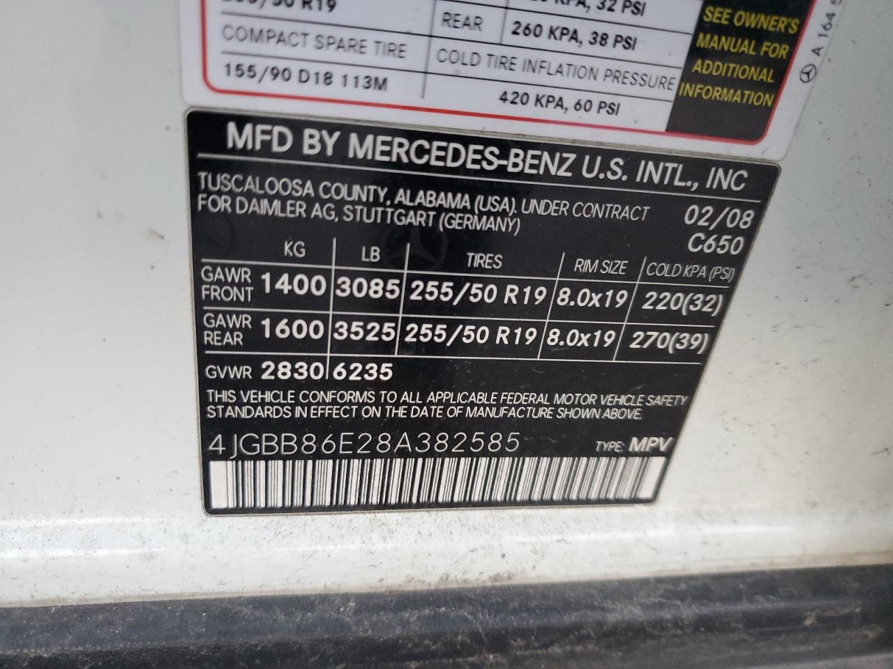 4jgbb86e28a382585 4JGBB86E28A382585 2008 Mercedes-Benz Ml 350