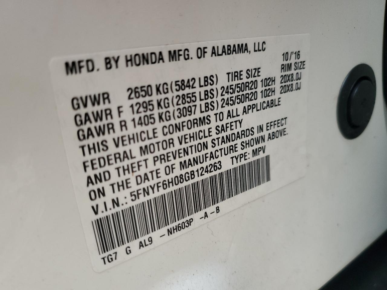 5FNYF6H08GB124263 HONDA PILOT 2016