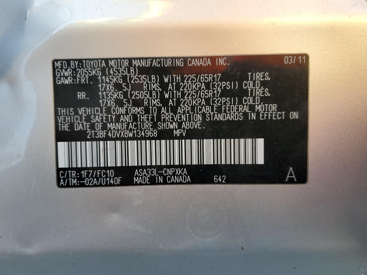 2T3BF4DVXBW134968 2011 Toyota Rav4