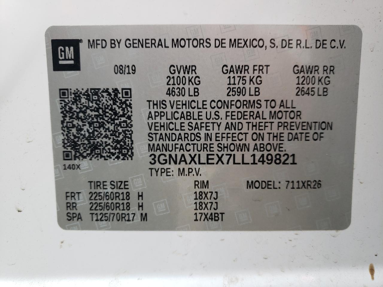 3GNAXLEX7LL149821 CHEVROLET EQUINOX 2020