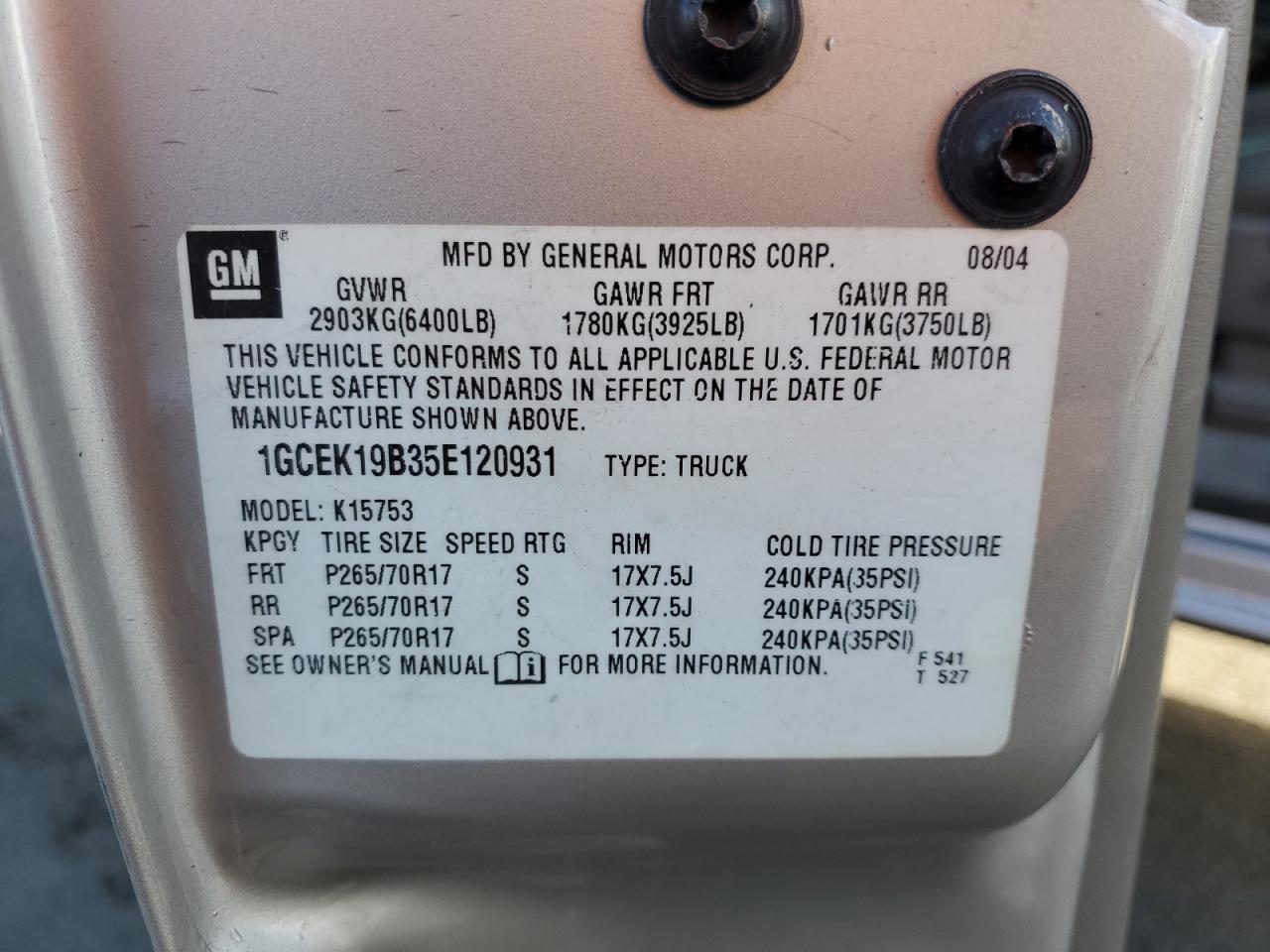 1GCEK19B35E120931 2005 Chevrolet Silverado K1500 1GCEK19B35E120931 2005 Chevrolet Silverado K1500