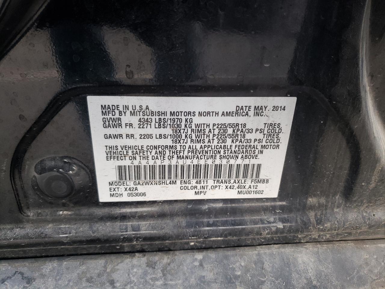 4a4ap3au4ee030771 4A4AP3AU4EE030771 2014 Mitsubishi Outlander Sport Es