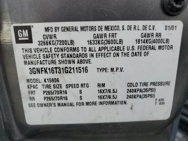 3GNFK16T31G211516 2001 Chevrolet Suburban K1500