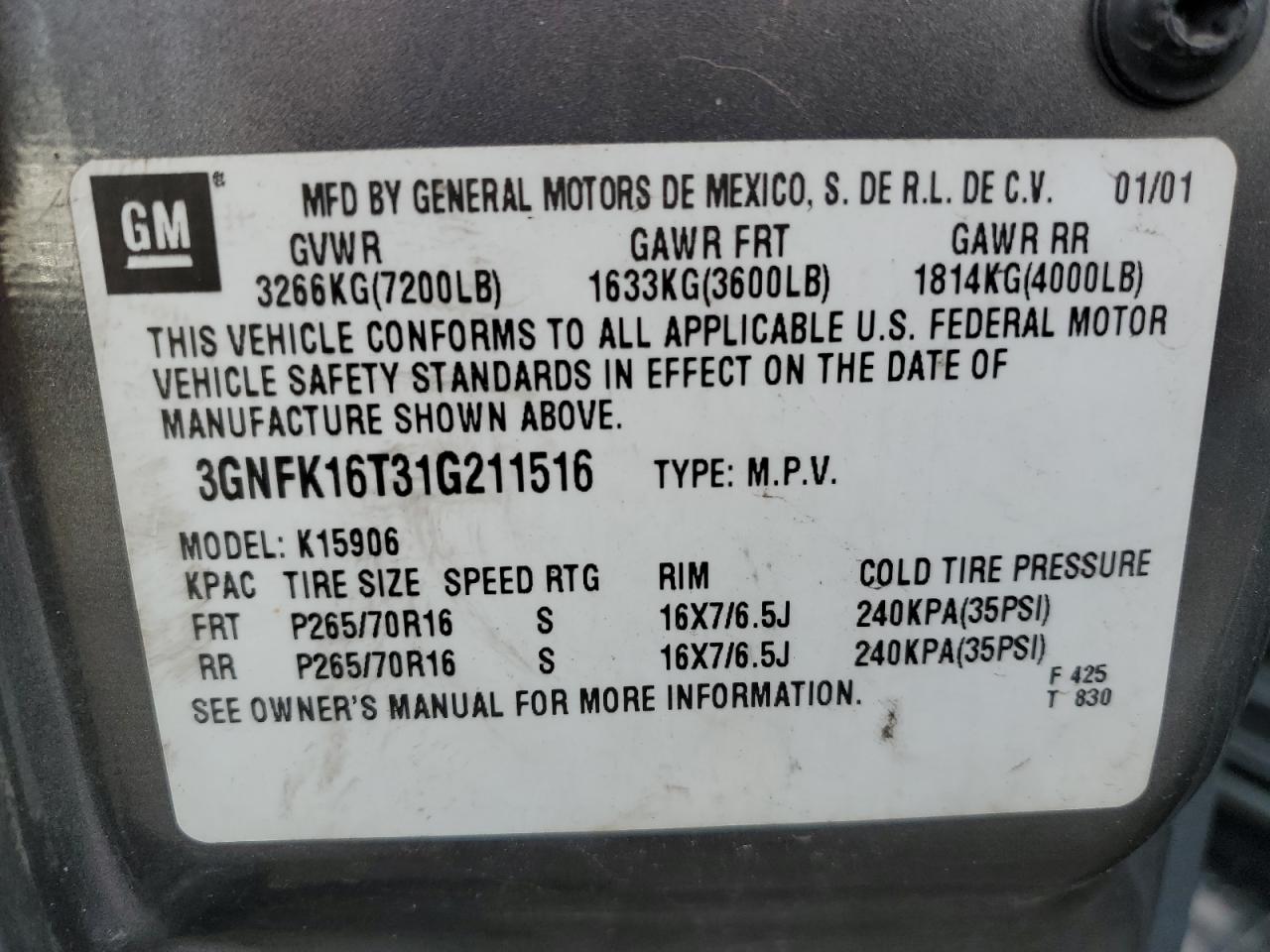 3GNFK16T31G211516 2001 Chevrolet Suburban K1500 3GNFK16T31G211516 2001 Chevrolet Suburban K1500
