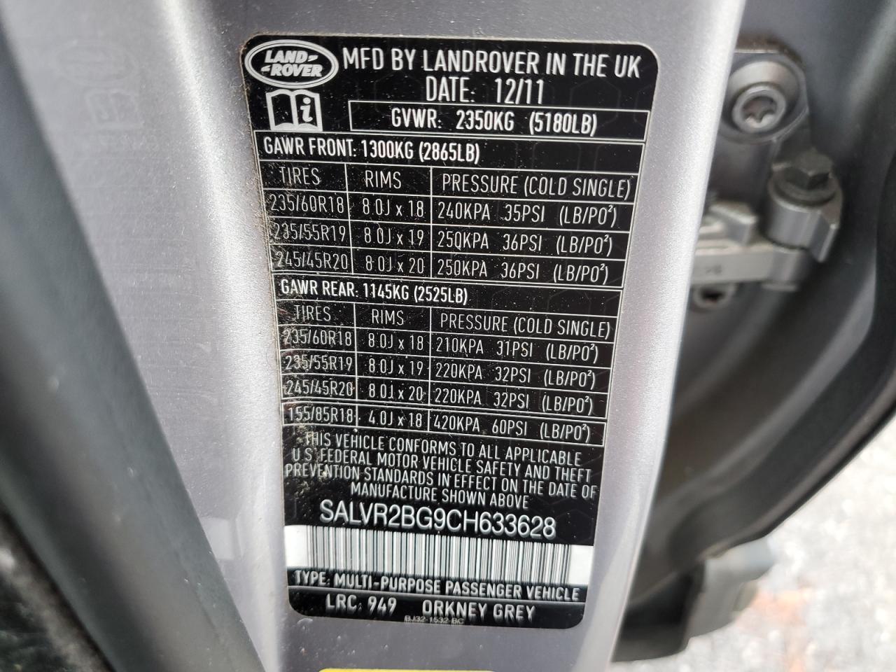 SALVR2BG9CH633628 2012 Land Rover Range Rover Evoque Pure Premium