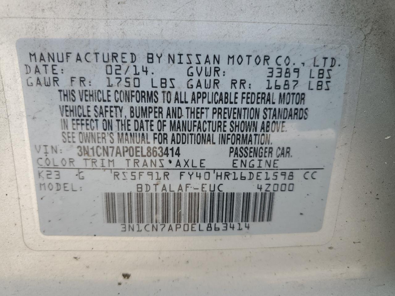 3N1CN7AP0EL863414 2014 Nissan Versa S