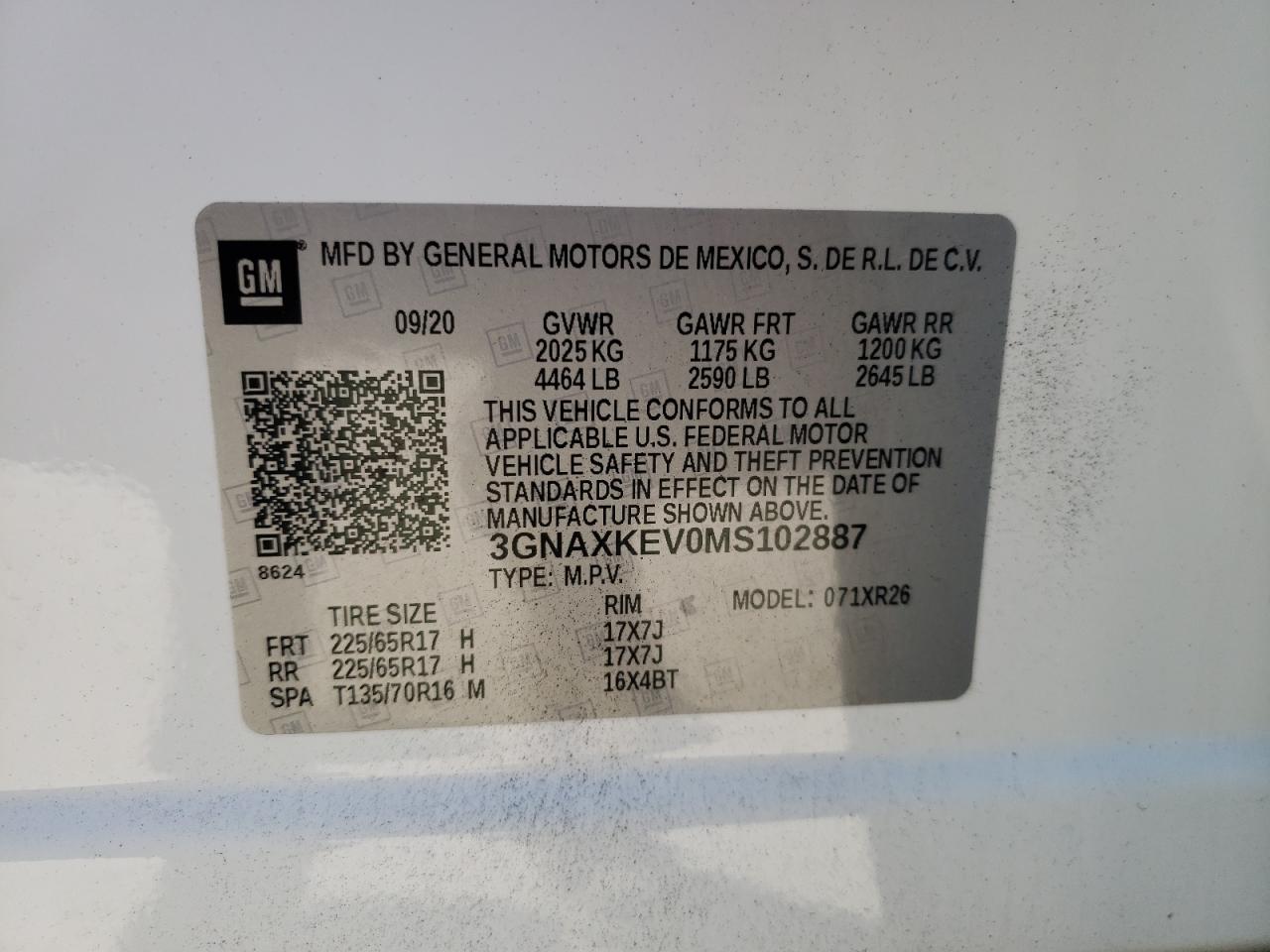 3GNAXKEV0MS102887 CHEVROLET EQUINOX 2021