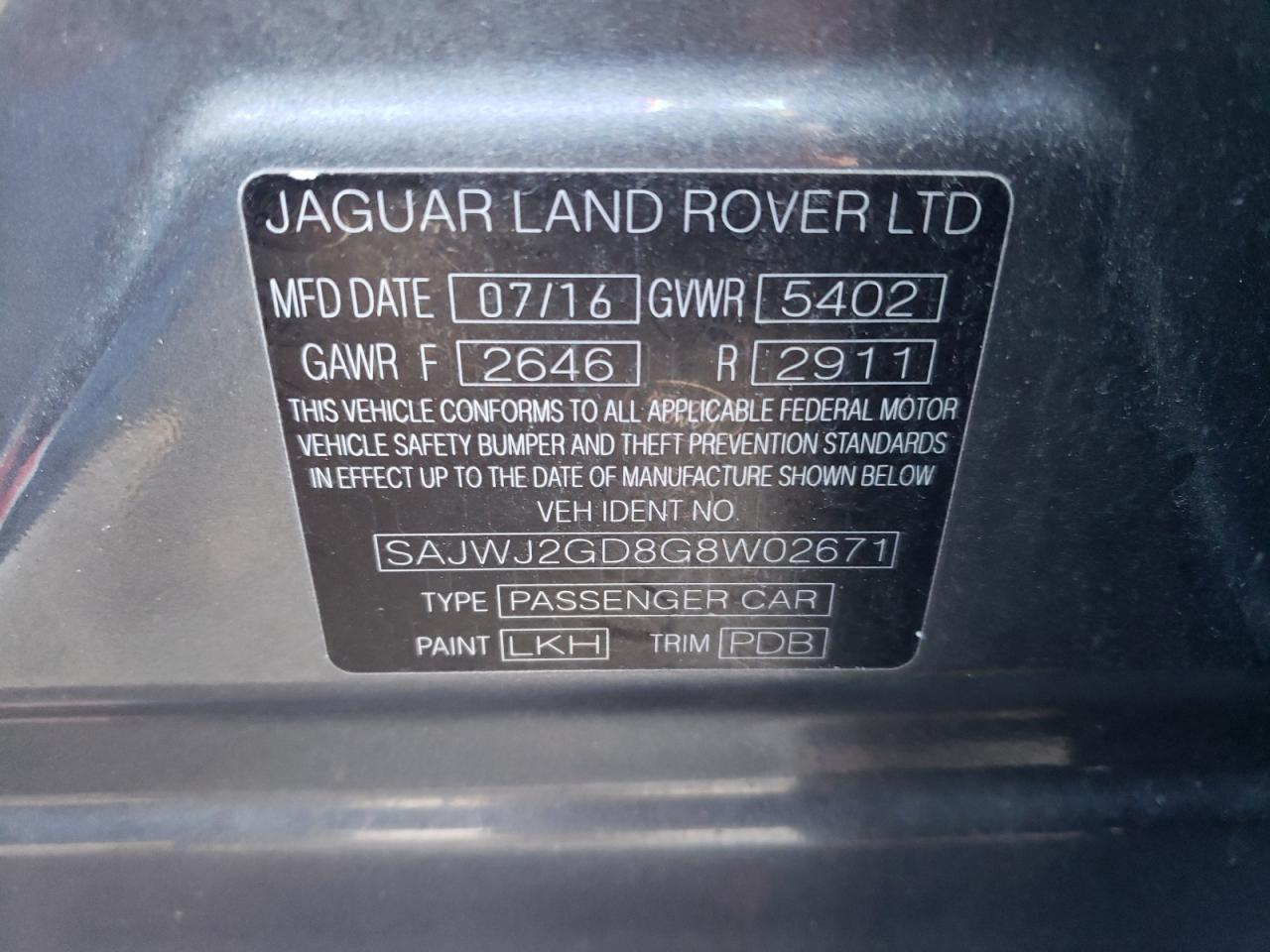 SAJWJ2GD8G8W02671 JAGUAR XJ 2016