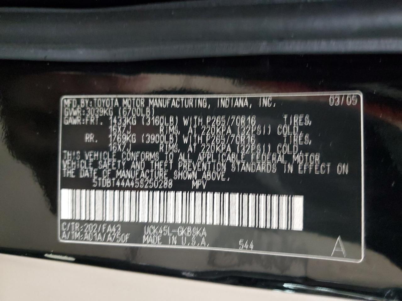 5tdbt44a45s250288 5TDBT44A45S250288 2005 Toyota Sequoia Sr5
