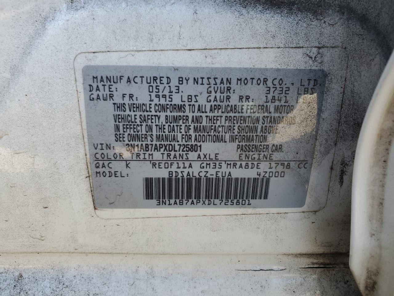 3N1AB7APXDL725801 2013 Nissan Sentra S