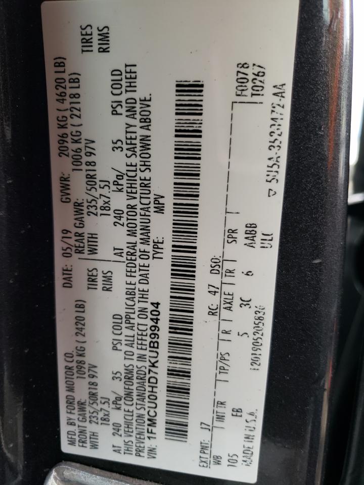 1FMCU0HD7KUB99404 FORD ESCAPE 2019