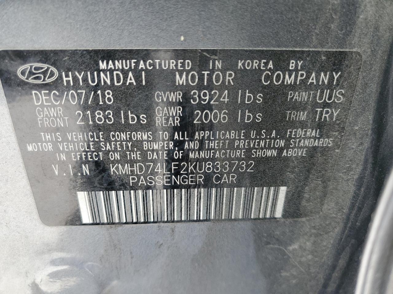 2019 Hyundai Elantra Se vin: KMHD74LF2KU833732