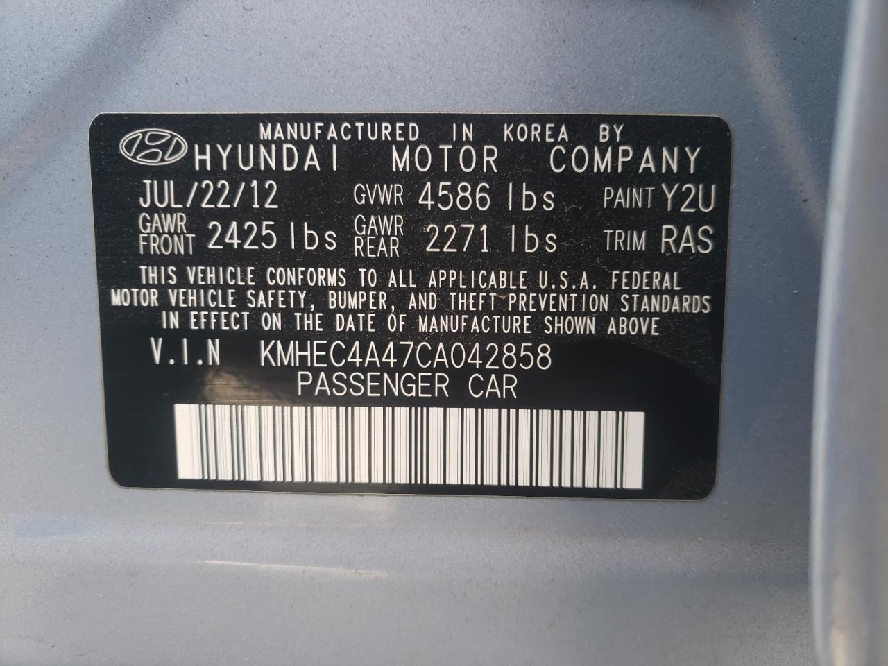 KMHEC4A47CA042858 2012 Hyundai Sonata Hybrid