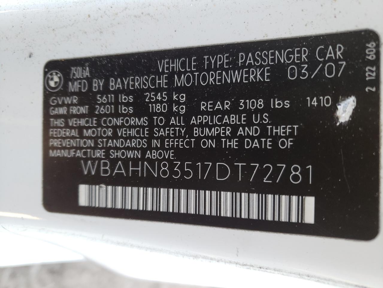 WBAHN83517DT72781 2007 BMW 750