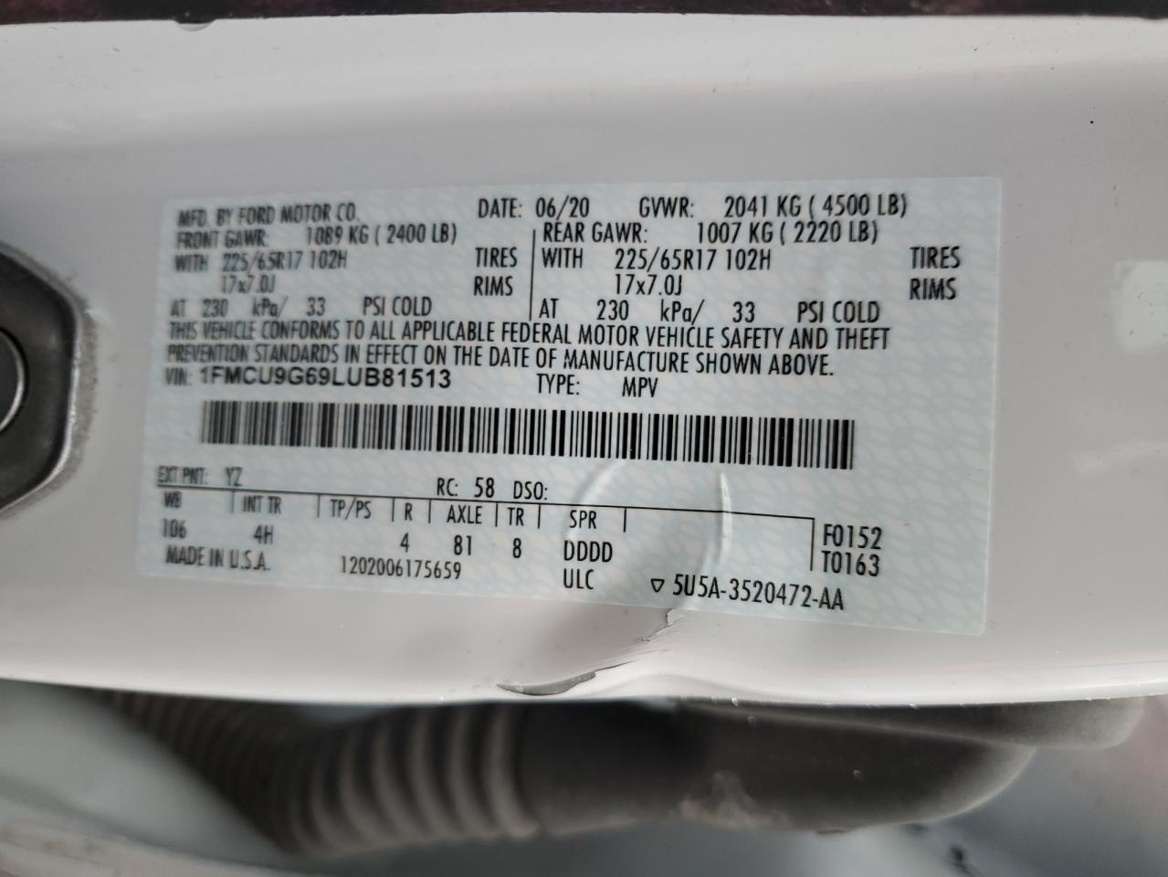 1FMCU9G69LUB81513 FORD ESCAPE 2020