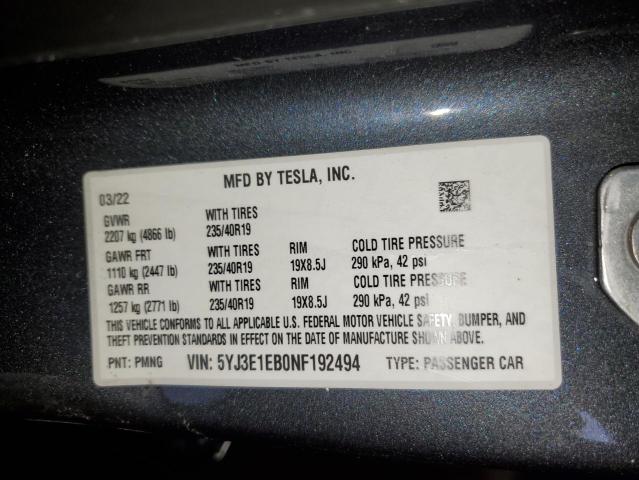 5YJ3E1EB0NF192494 | 2022 TESLA MODEL 3