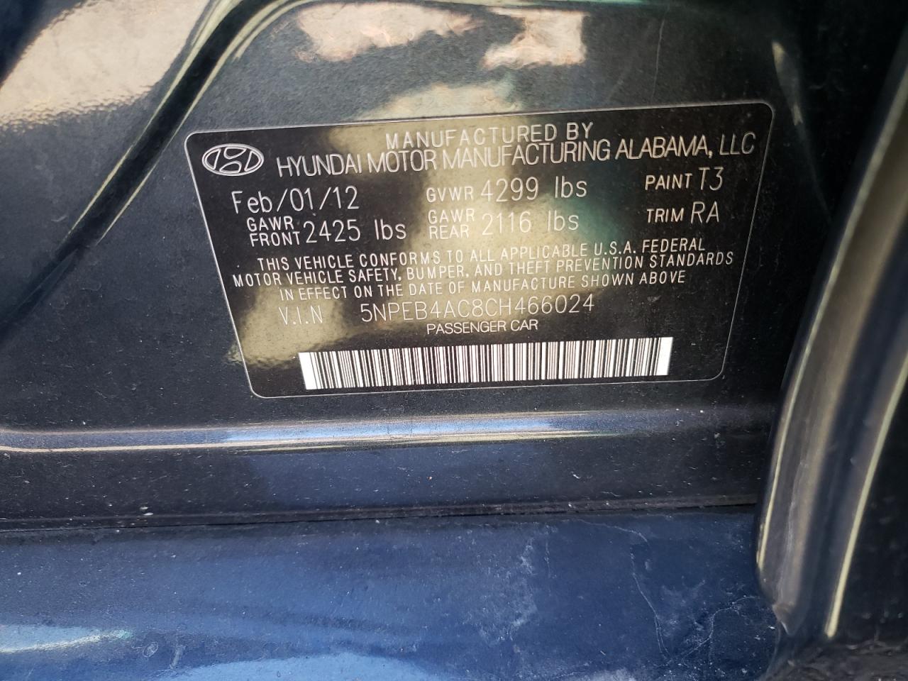 5NPEB4AC8CH466024 2012 Hyundai Sonata Gls