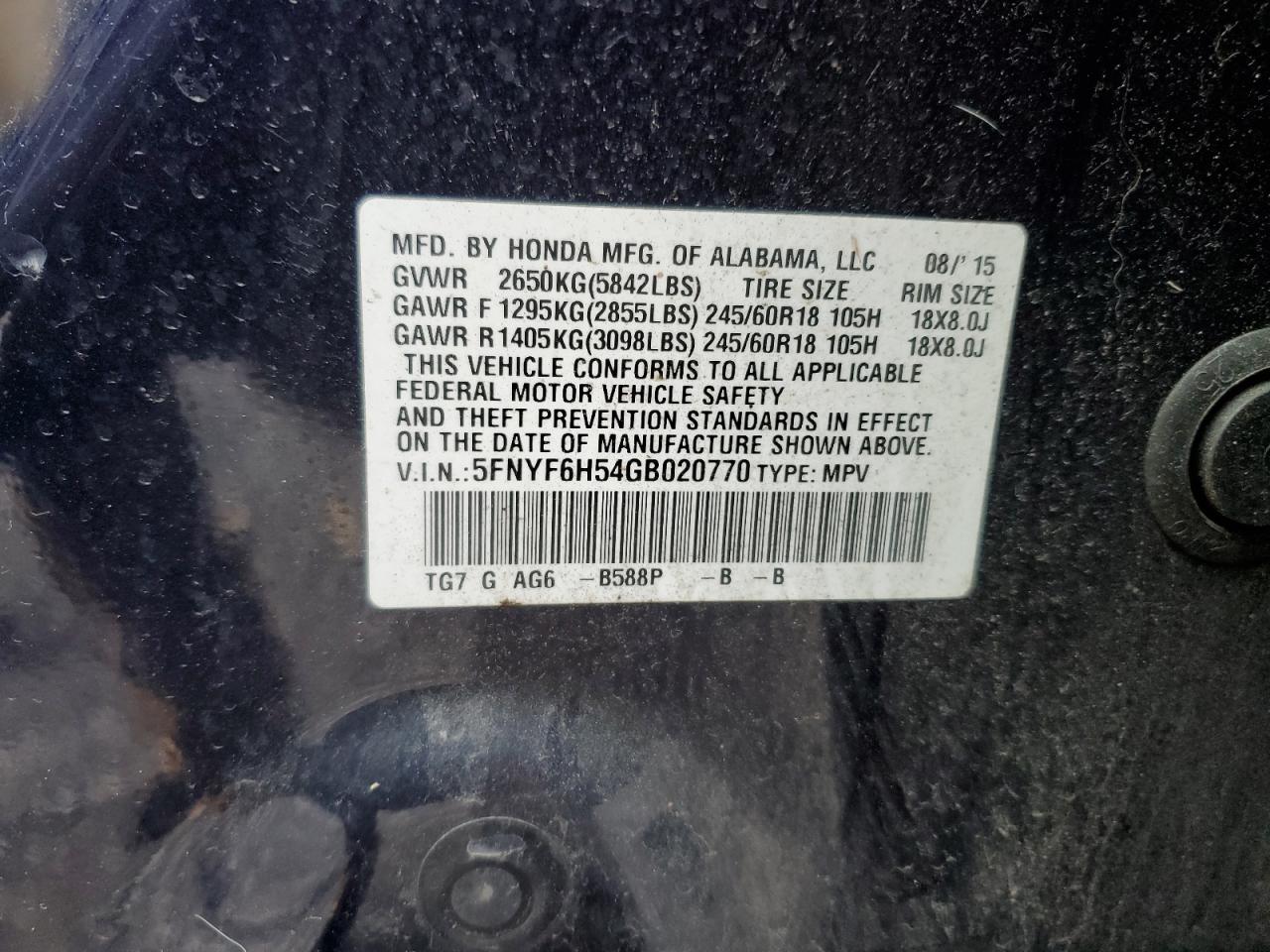 5FNYF6H54GB020770 HONDA PILOT 2016