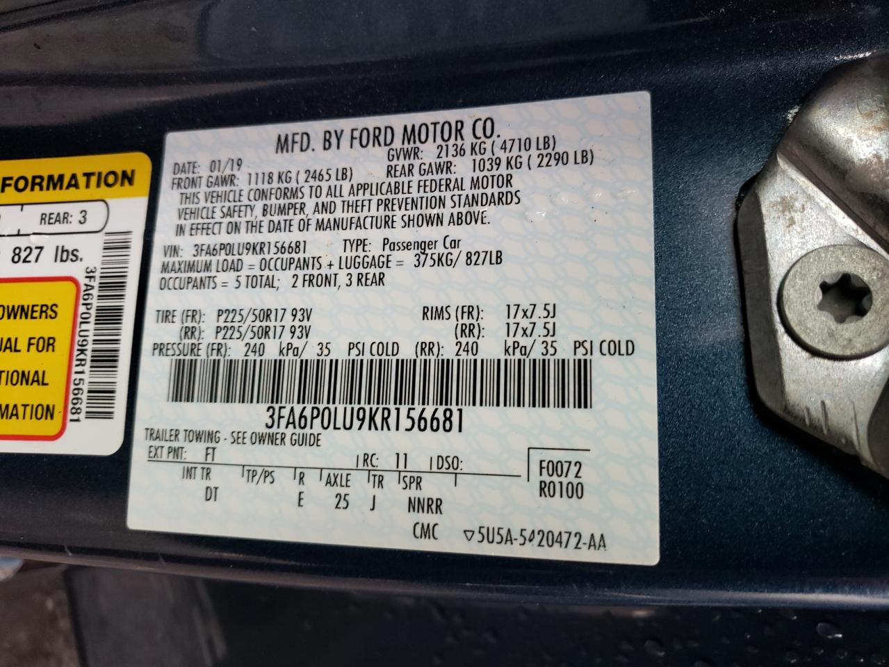 3FA6P0LU9KR156681 FORD FUSION 2019