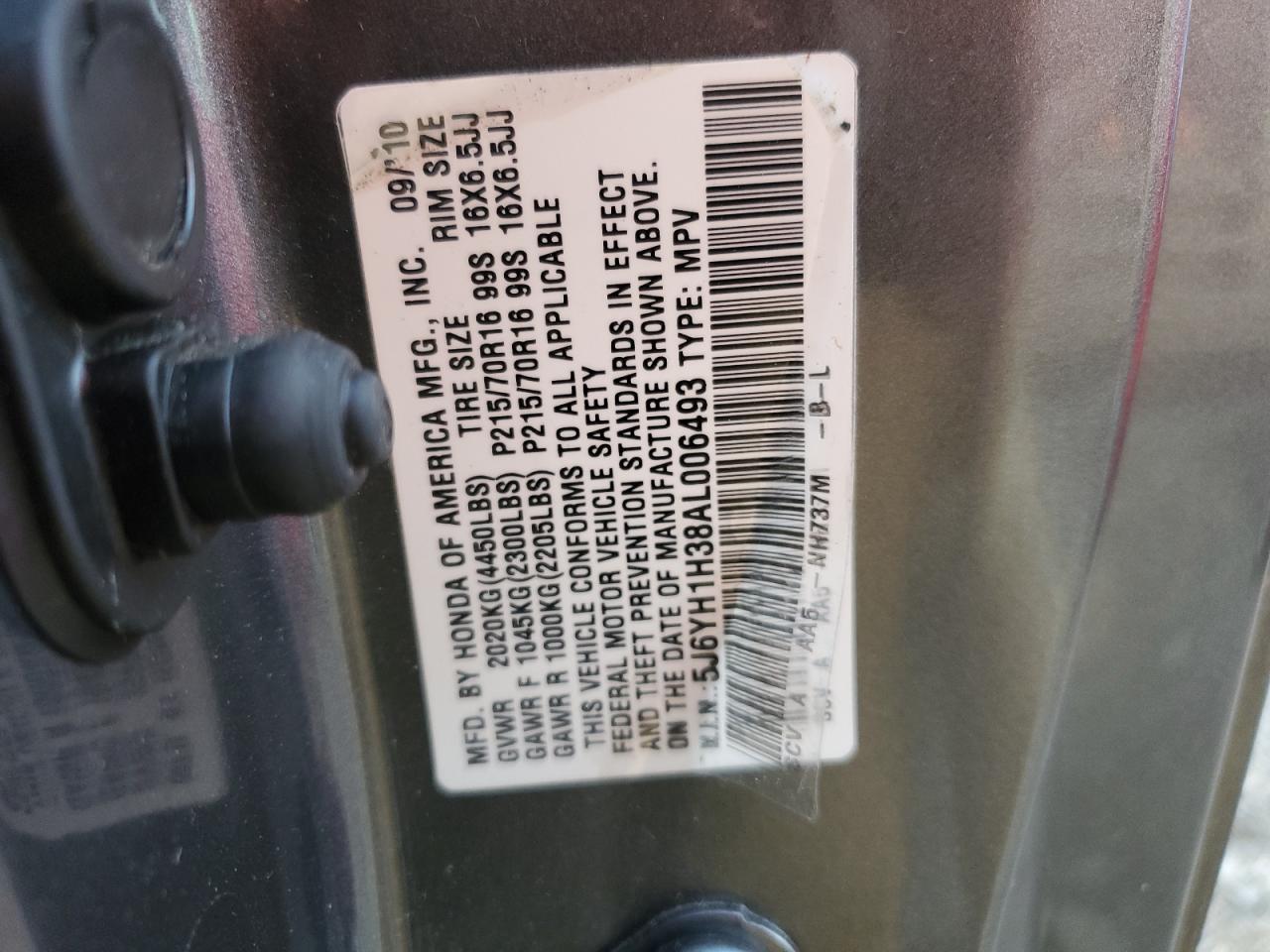 5J6YH1H38AL006493 2010 Honda Element Lx