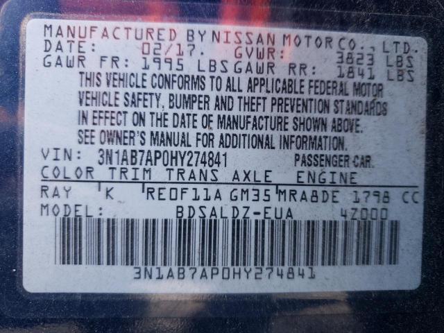 3N1AB7AP0HY274841 | 2017 NISSAN SENTRA S