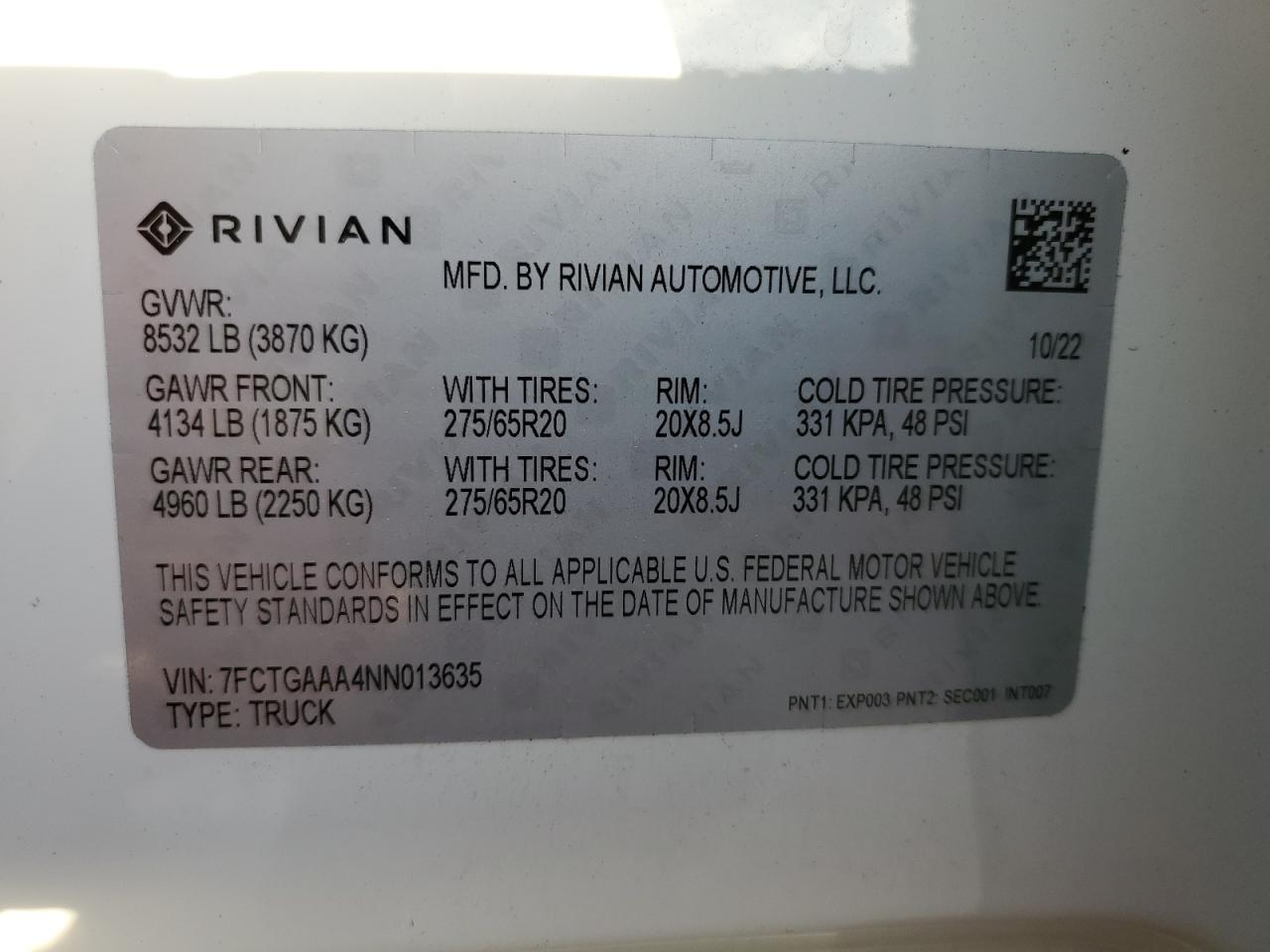 2022 Rivian R1T Adventure vin: 7FCTGAAA4NN013635