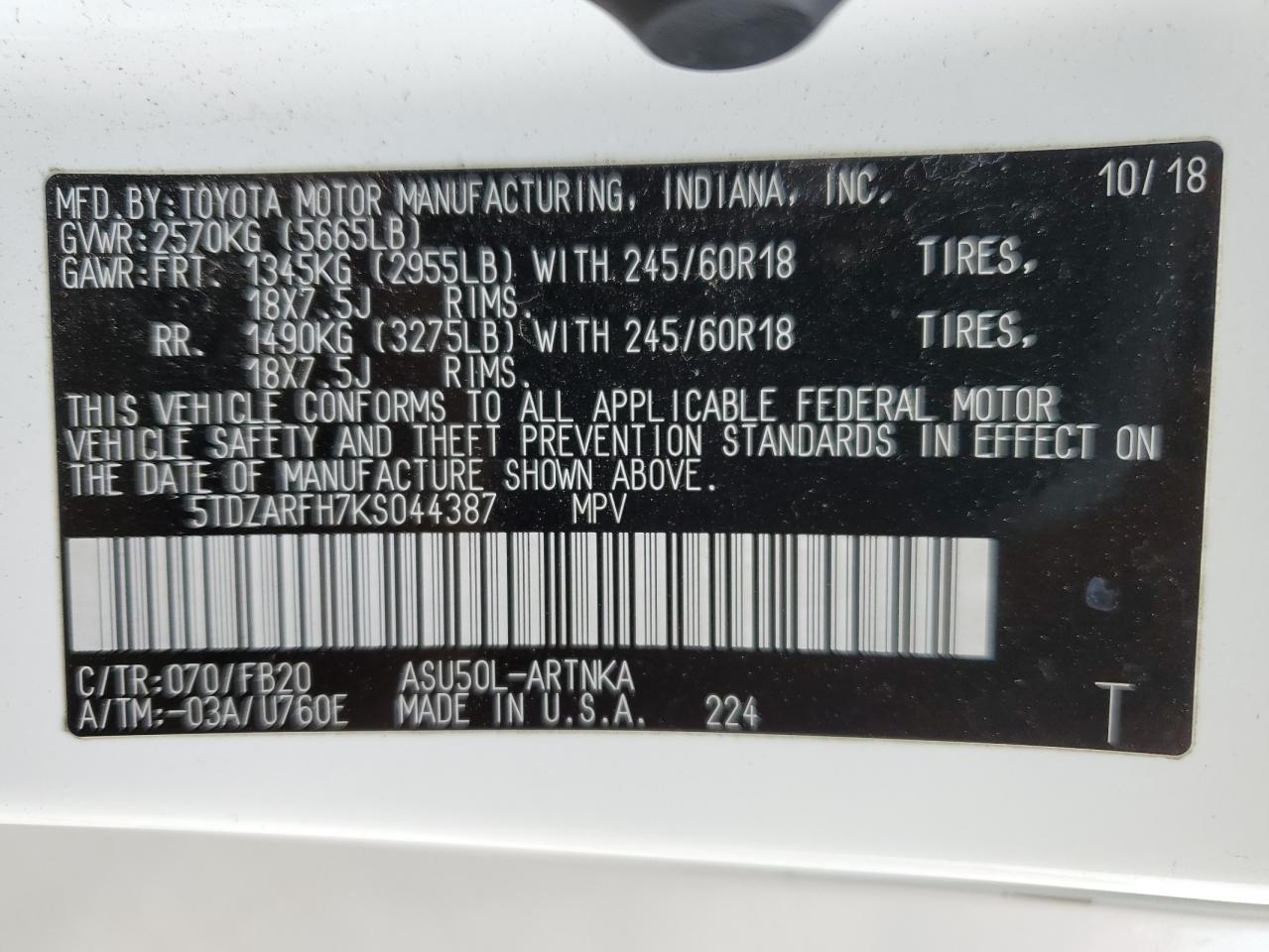 5TDZARFH7KS044387 TOYOTA HIGHLANDER 2019