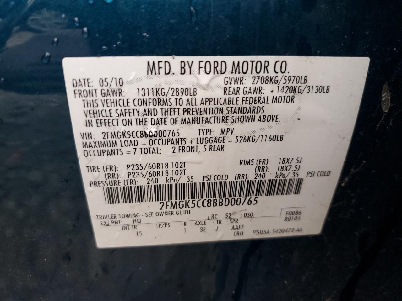 2FMGK5CC8BBD00765 2011 Ford Flex Sel