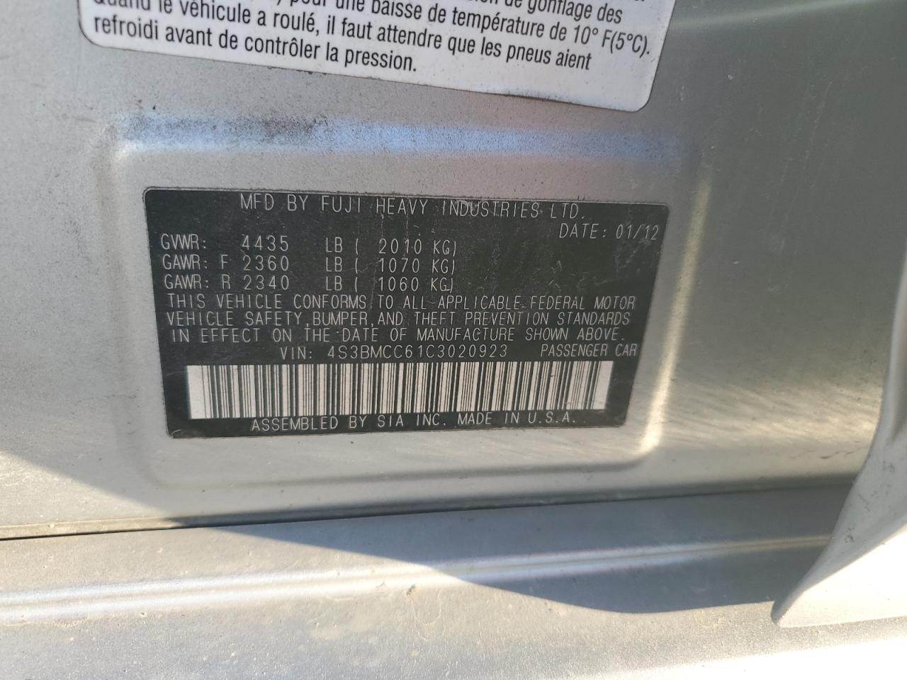 4S3BMCC61C3020923 2012 Subaru Legacy 2.5I Premium