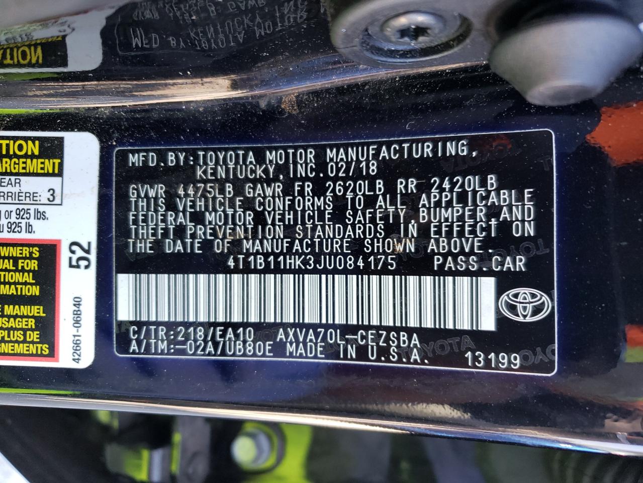 4T1B11HK3JU084175 TOYOTA CAMRY 2018